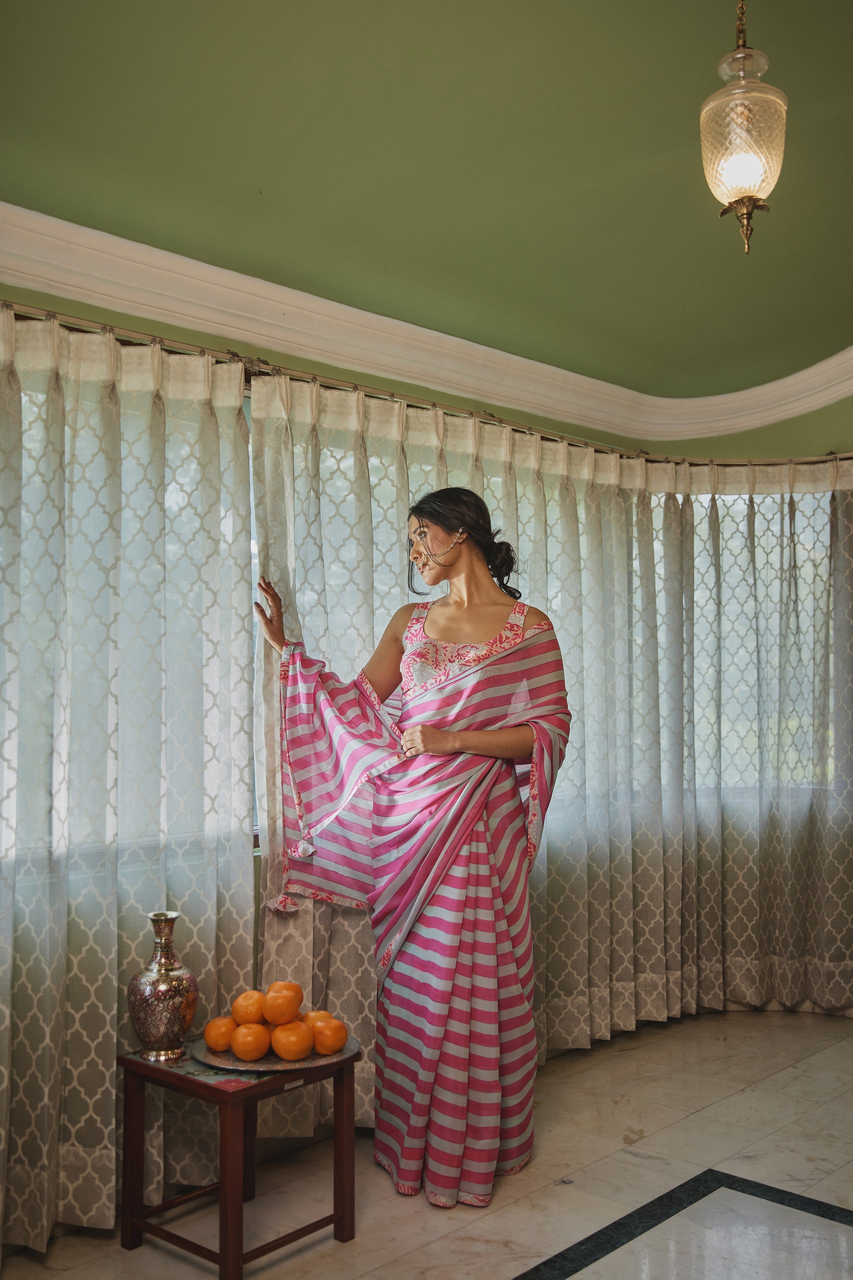 Fuchsia Blue Striped Chiffon Saree With Blouse (Set of Two)