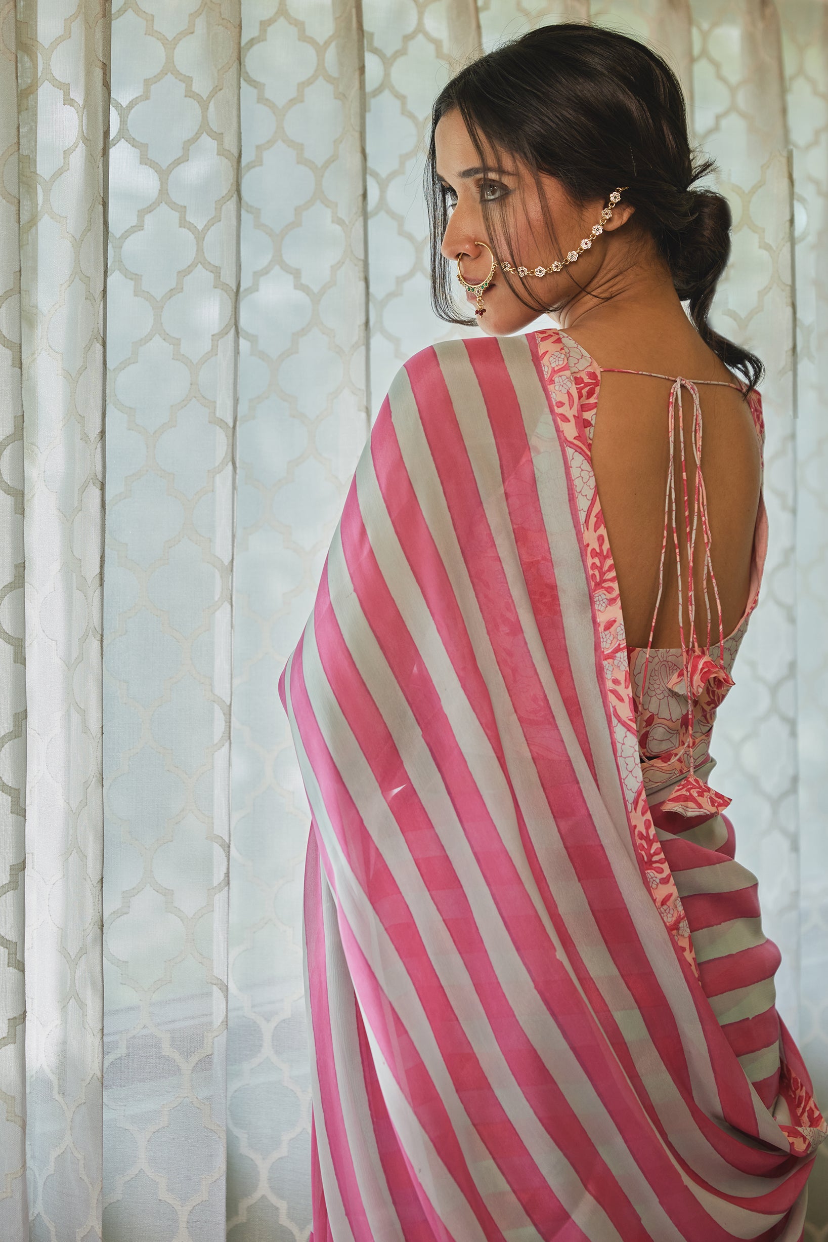 Fuchsia Blue Striped Chiffon Saree With Blouse (Set of Two)