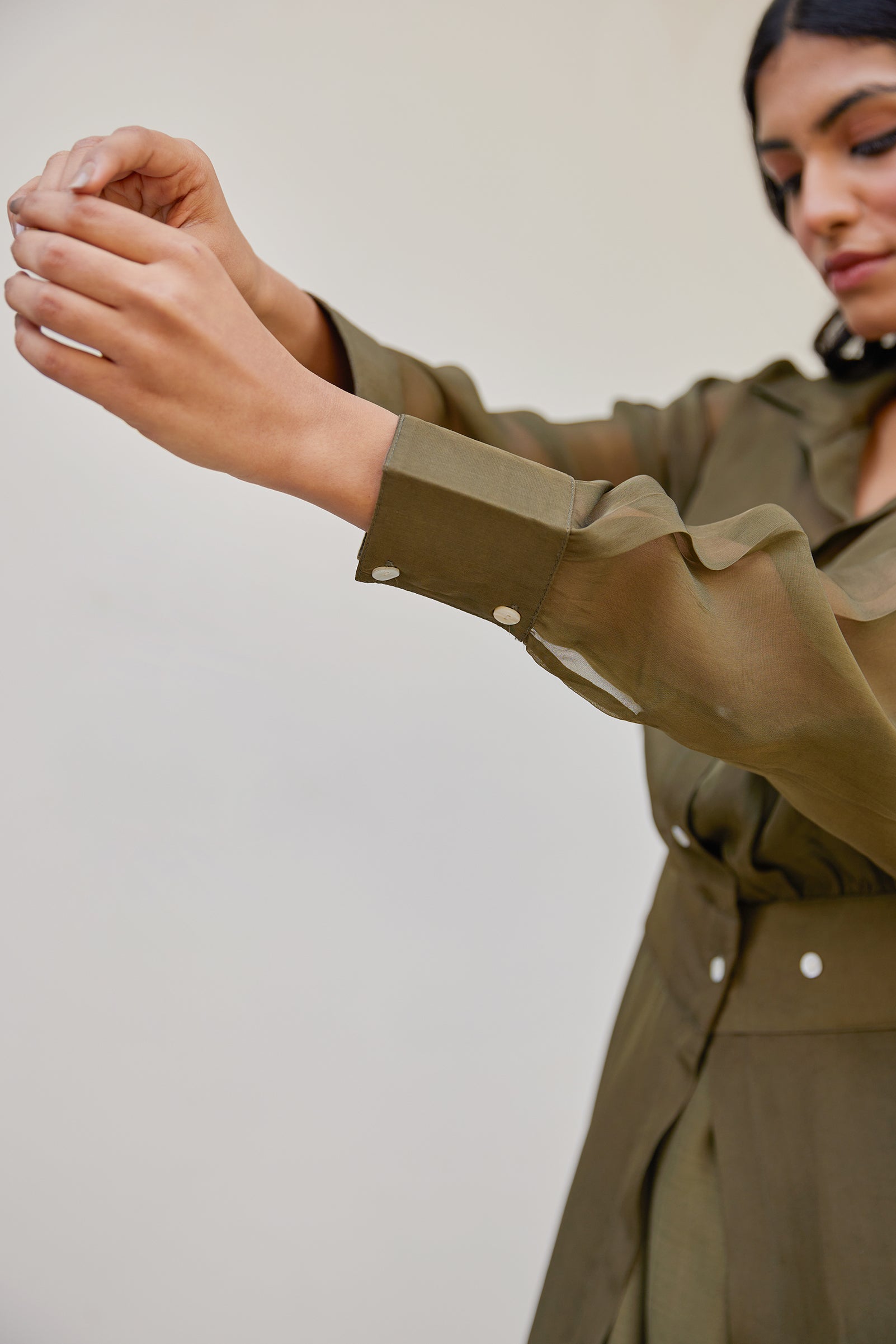 Olive Green Solid Organza Jacket Set (Set of Two)