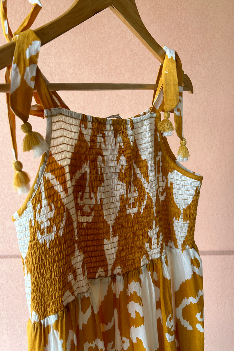 Cotton Mustard Ikat Smocked Maxi Dress