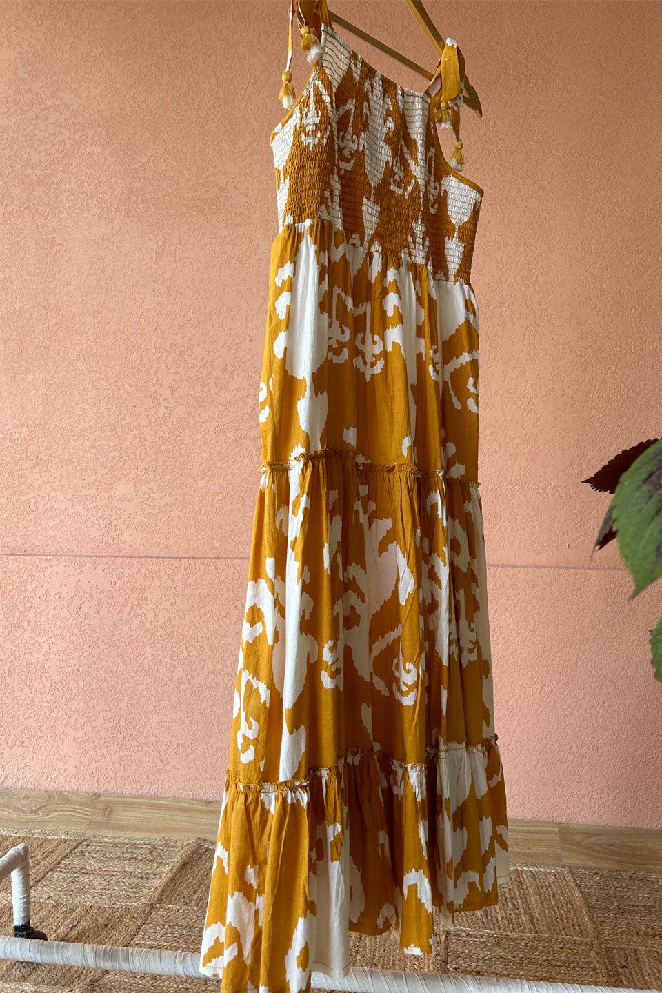 Cotton Mustard Ikat Smocked Maxi Dress