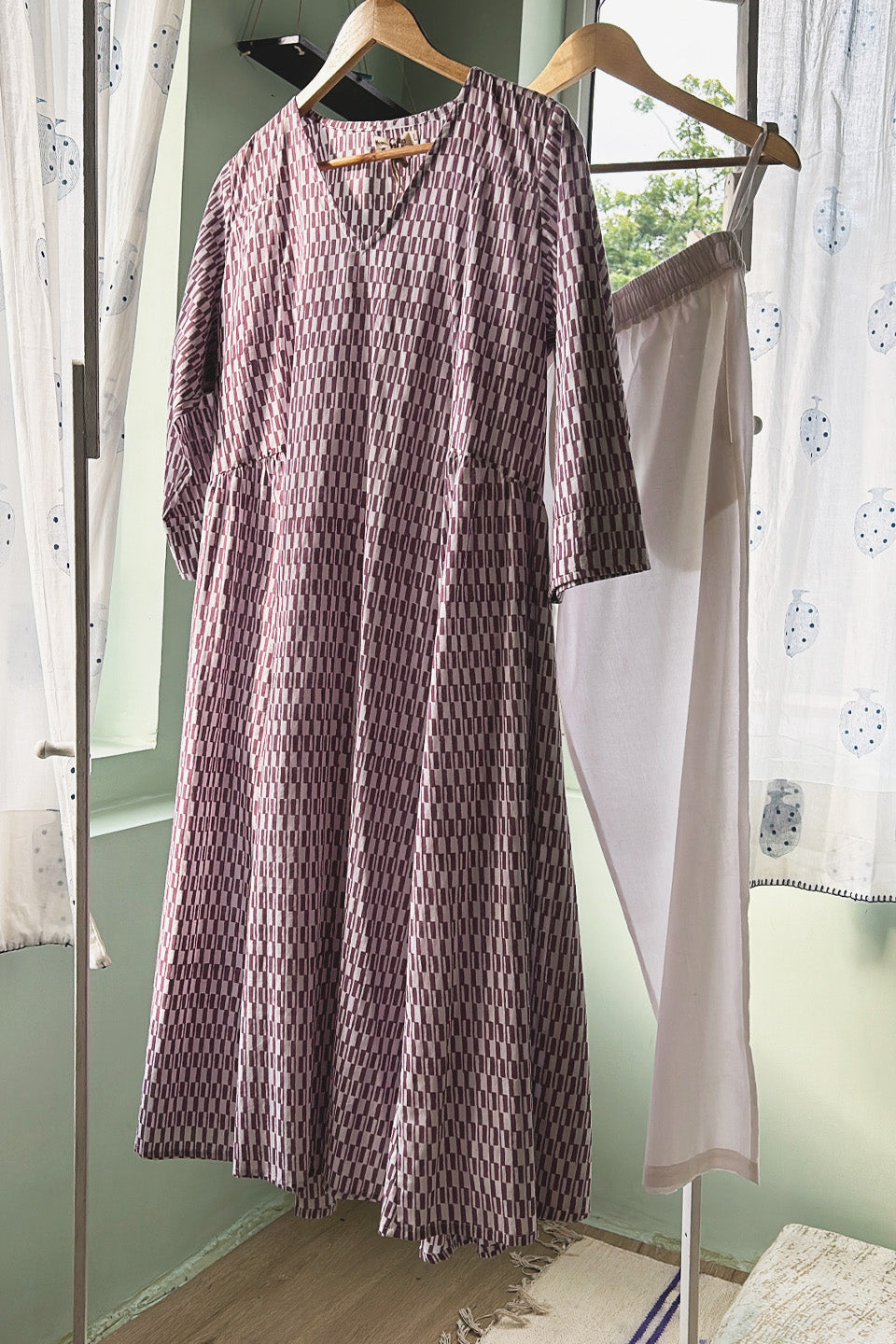 Purple & White Block Printed Cotton Tunic with Pants (Set of Two)