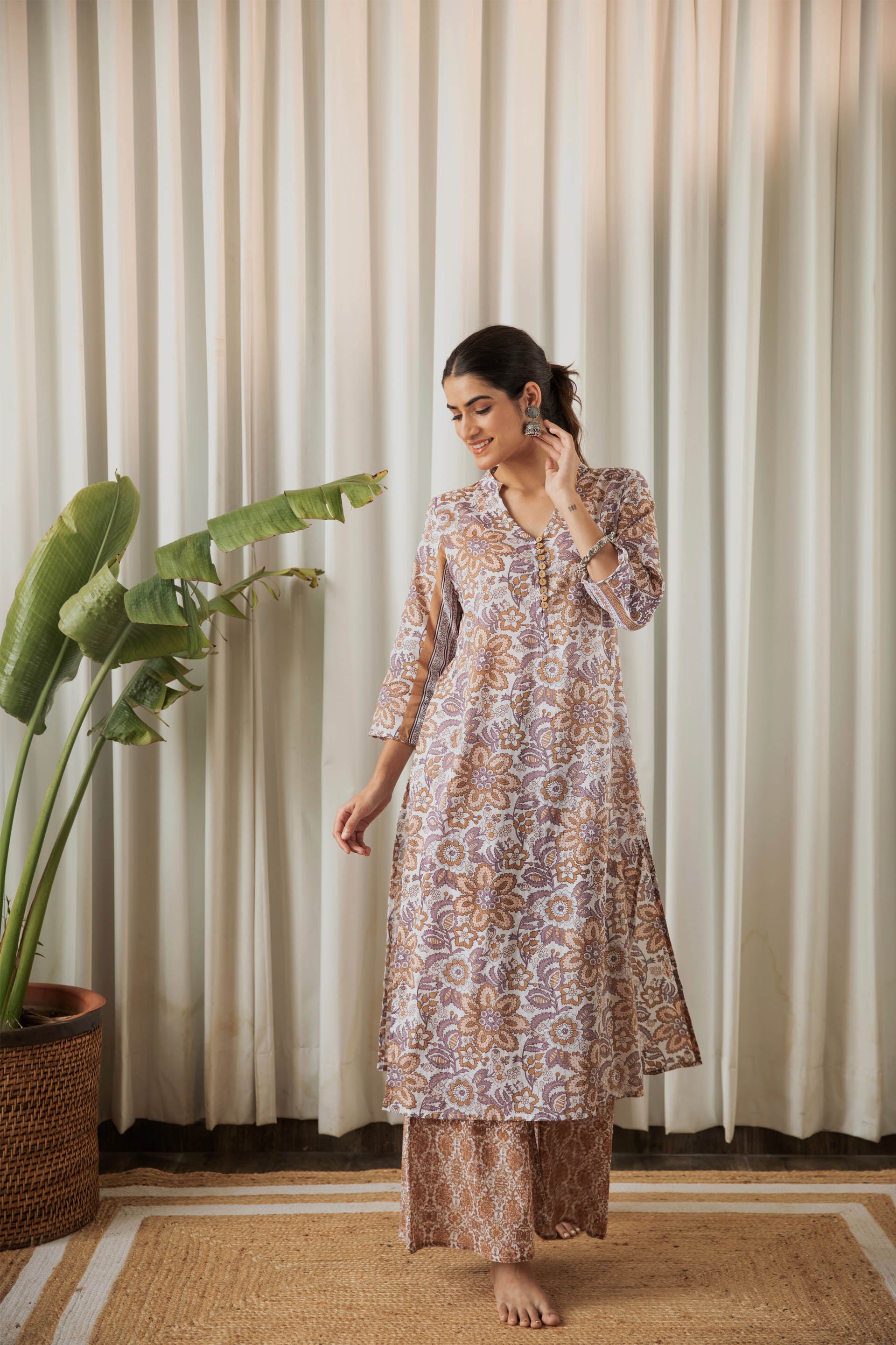 Brown Floral Floral Tunic Set (Set of Two)