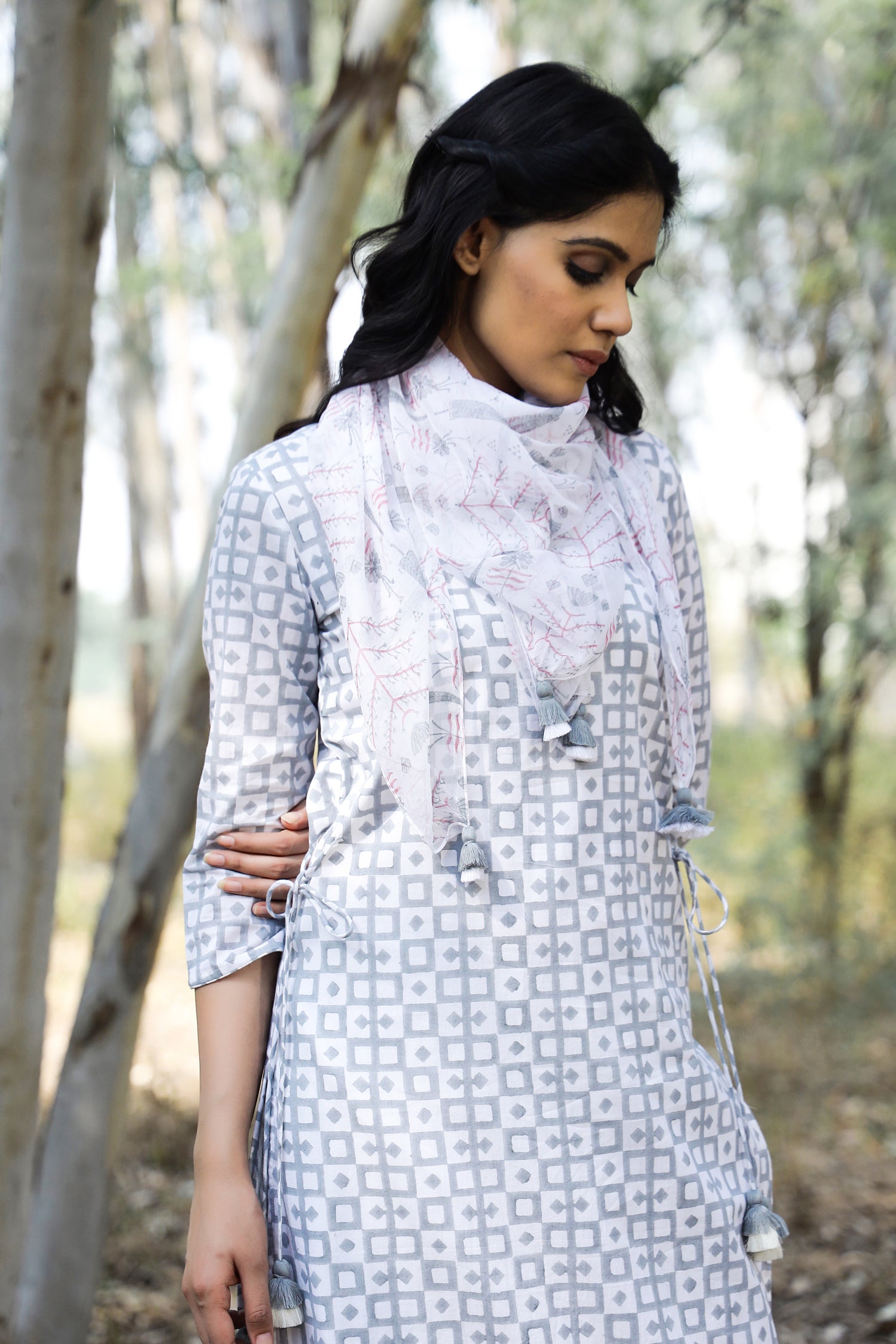 Grey Checks Cotton Tunic Set (Set of Three )