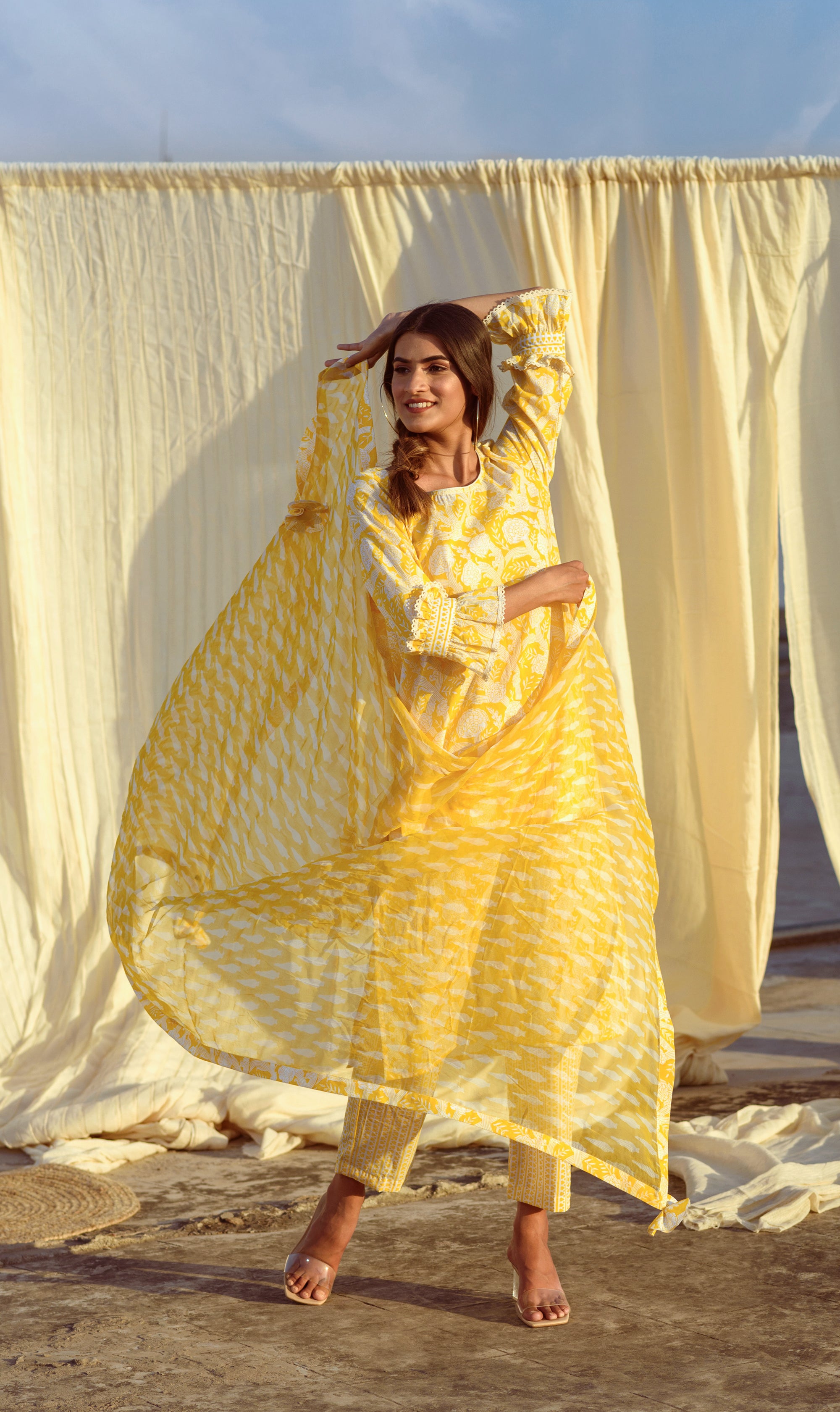YELLOW BLOCK PRINTED TUNIC SET - Kapraaha