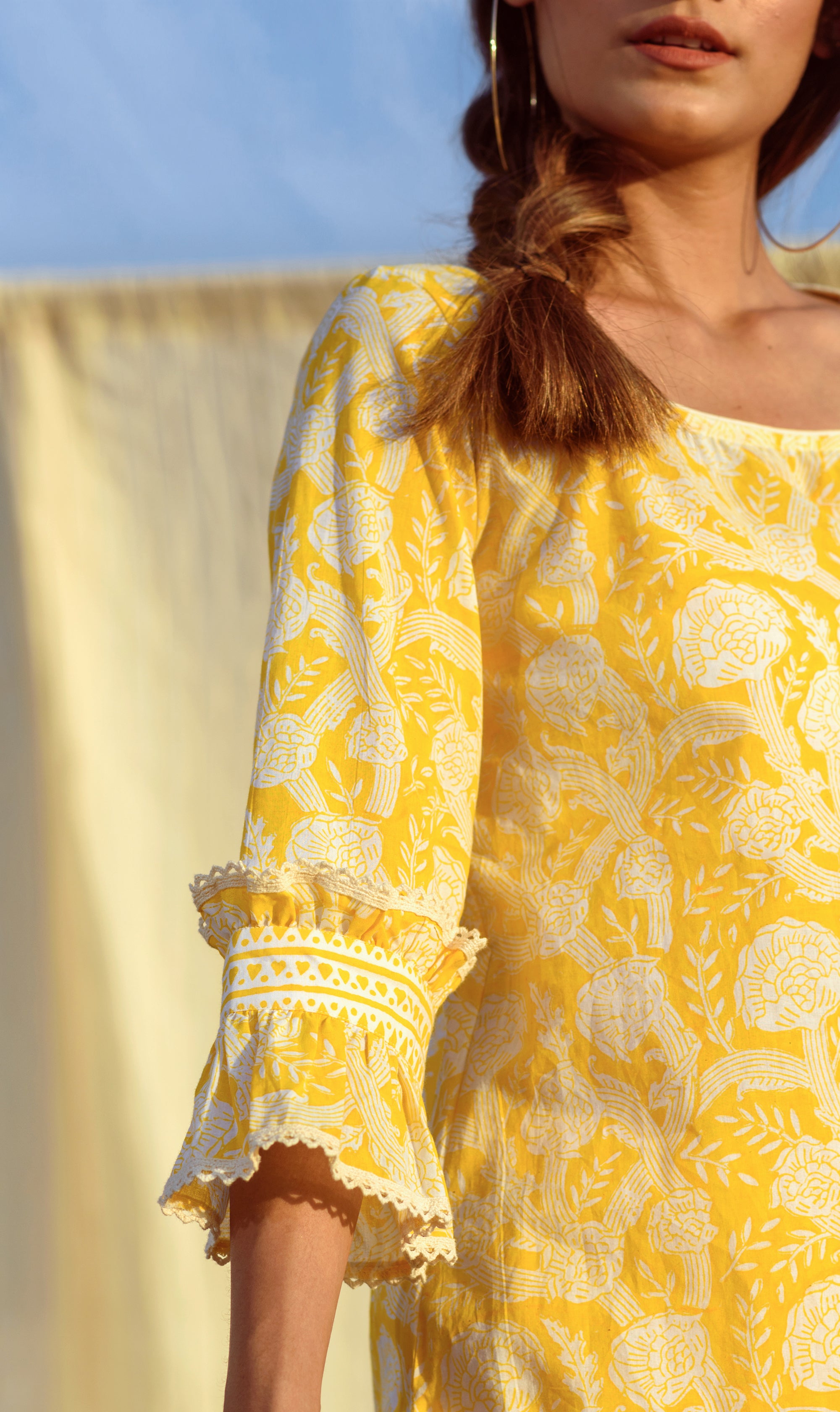 YELLOW BLOCK PRINTED TUNIC SET - Kapraaha