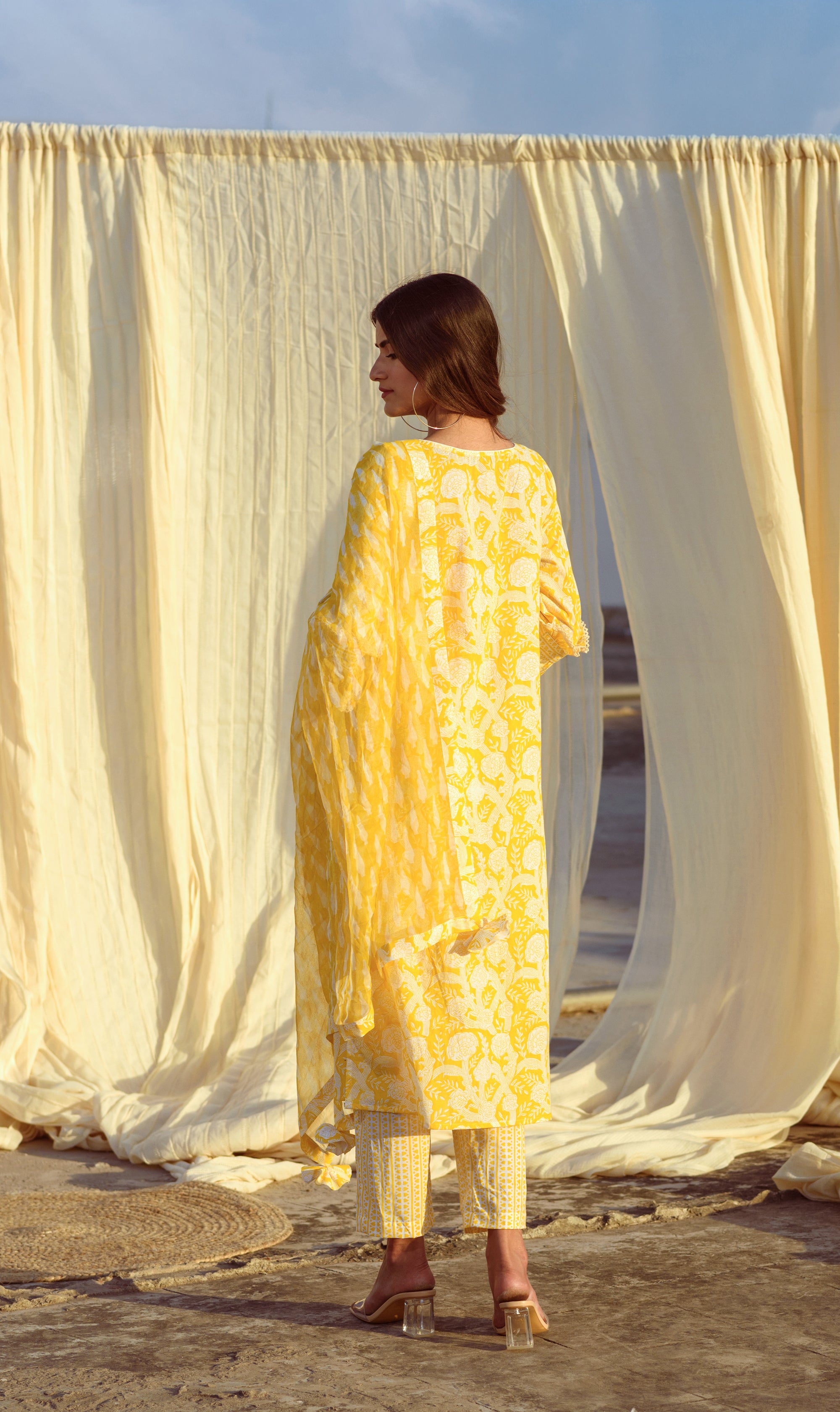 YELLOW BLOCK PRINTED TUNIC SET - Kapraaha