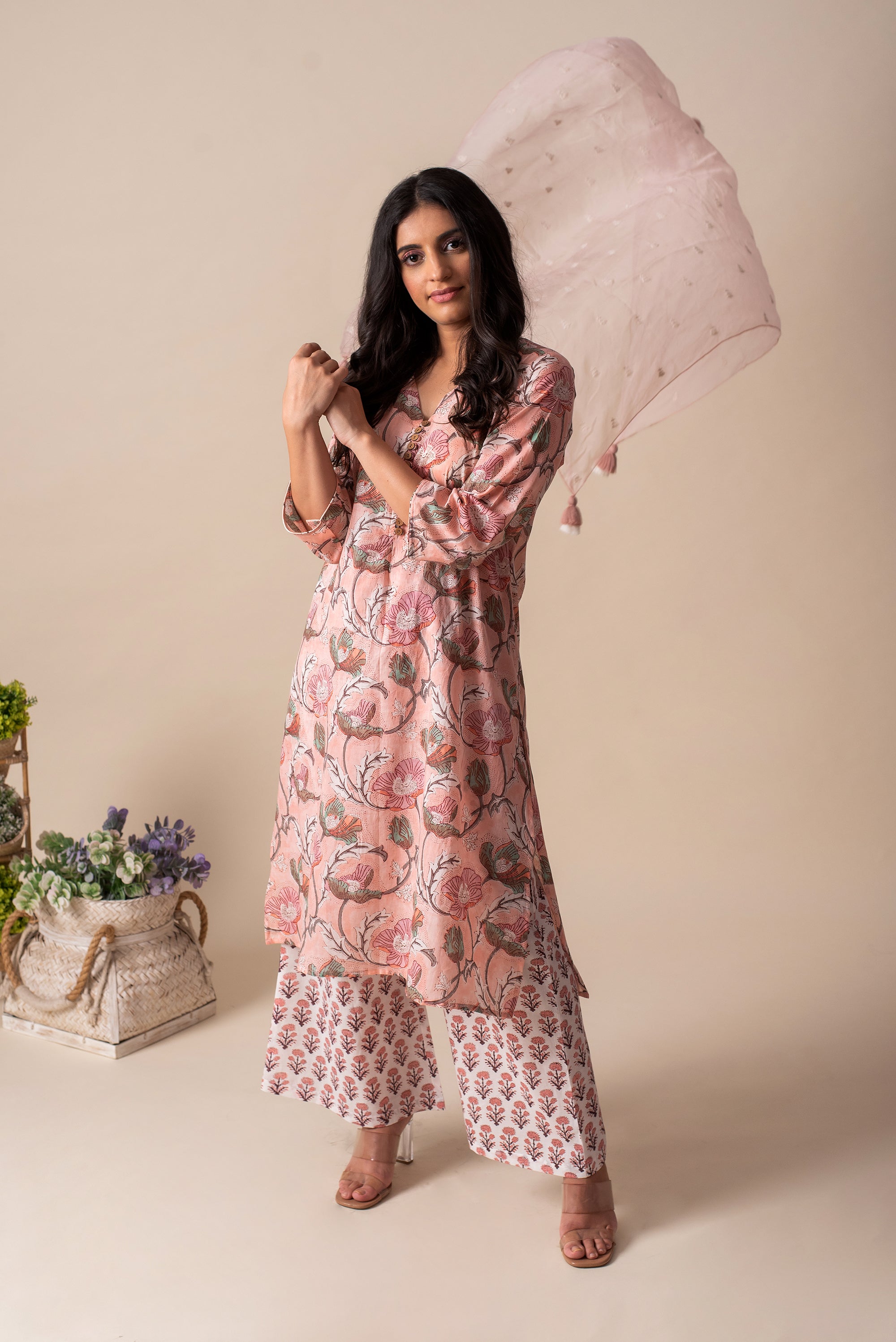 Light Yellow & Light Pink Pure Cotton Floral Printed Tunic main image 0