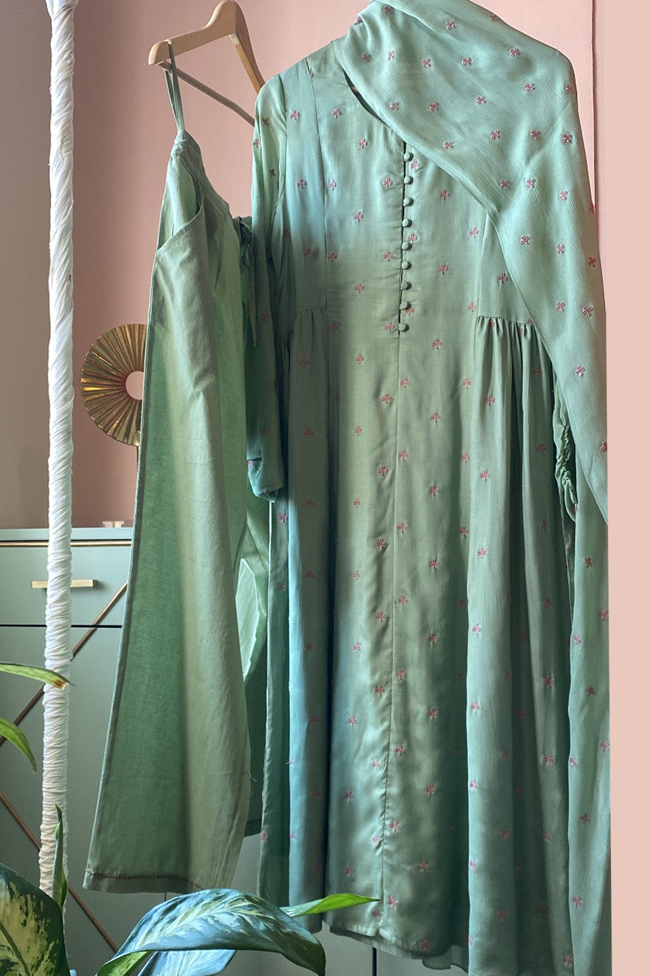 Sage Green and Pink Muslin Embroidered Tunic Set (Set of Three)