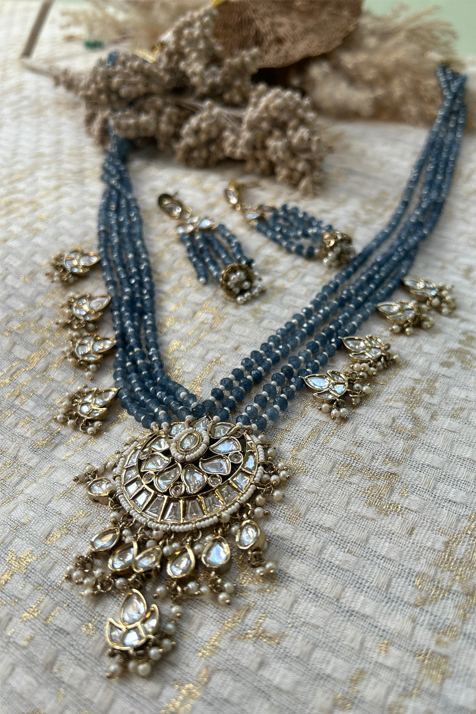 Blue Beaded Kundan Necklace Set with Earrings