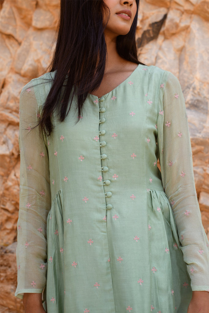 Sage Green and Pink Muslin Embroidered Tunic Set (Set of Three)
