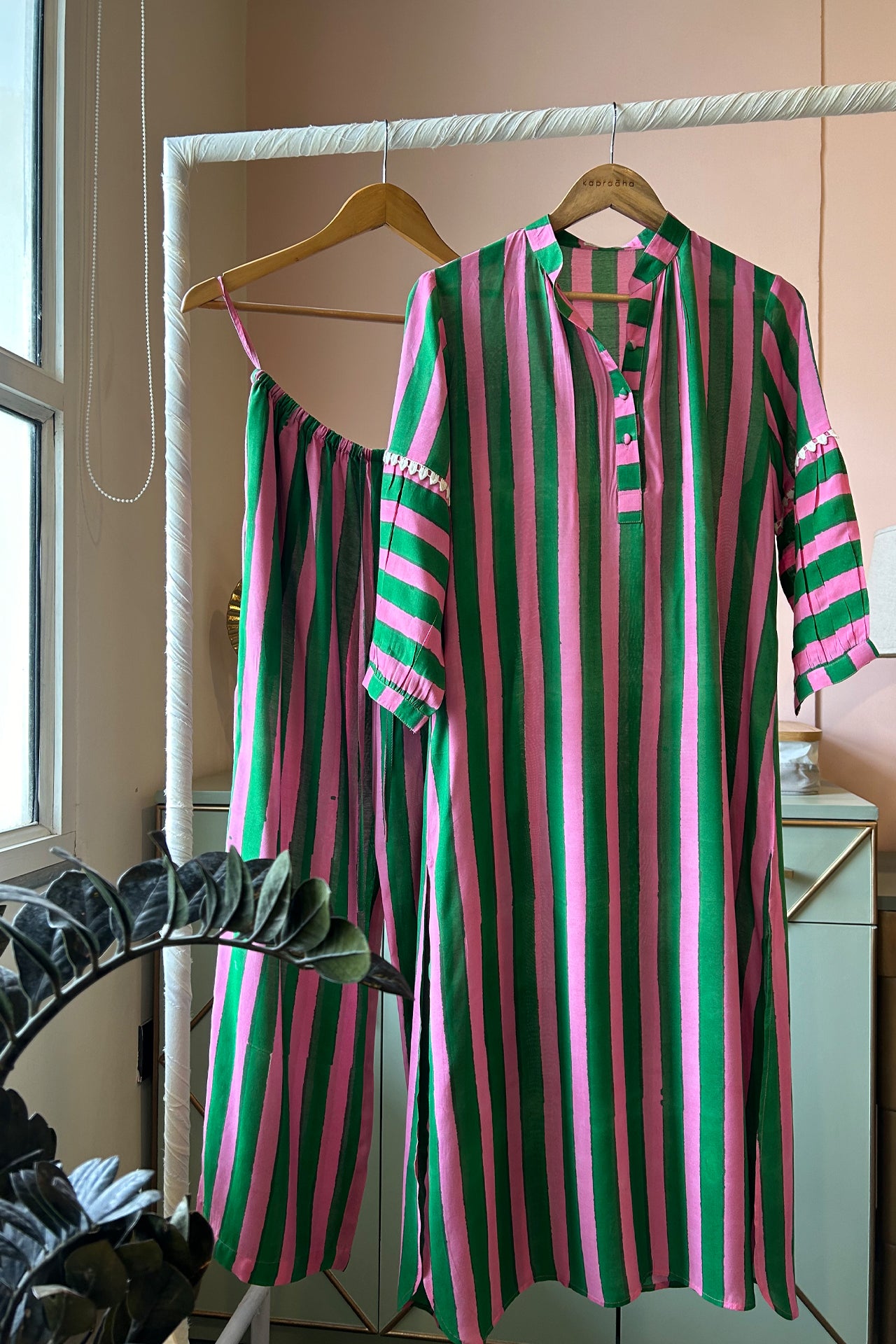 Dark Green and Fuchsia Striped Tunic Set (Set of Two)