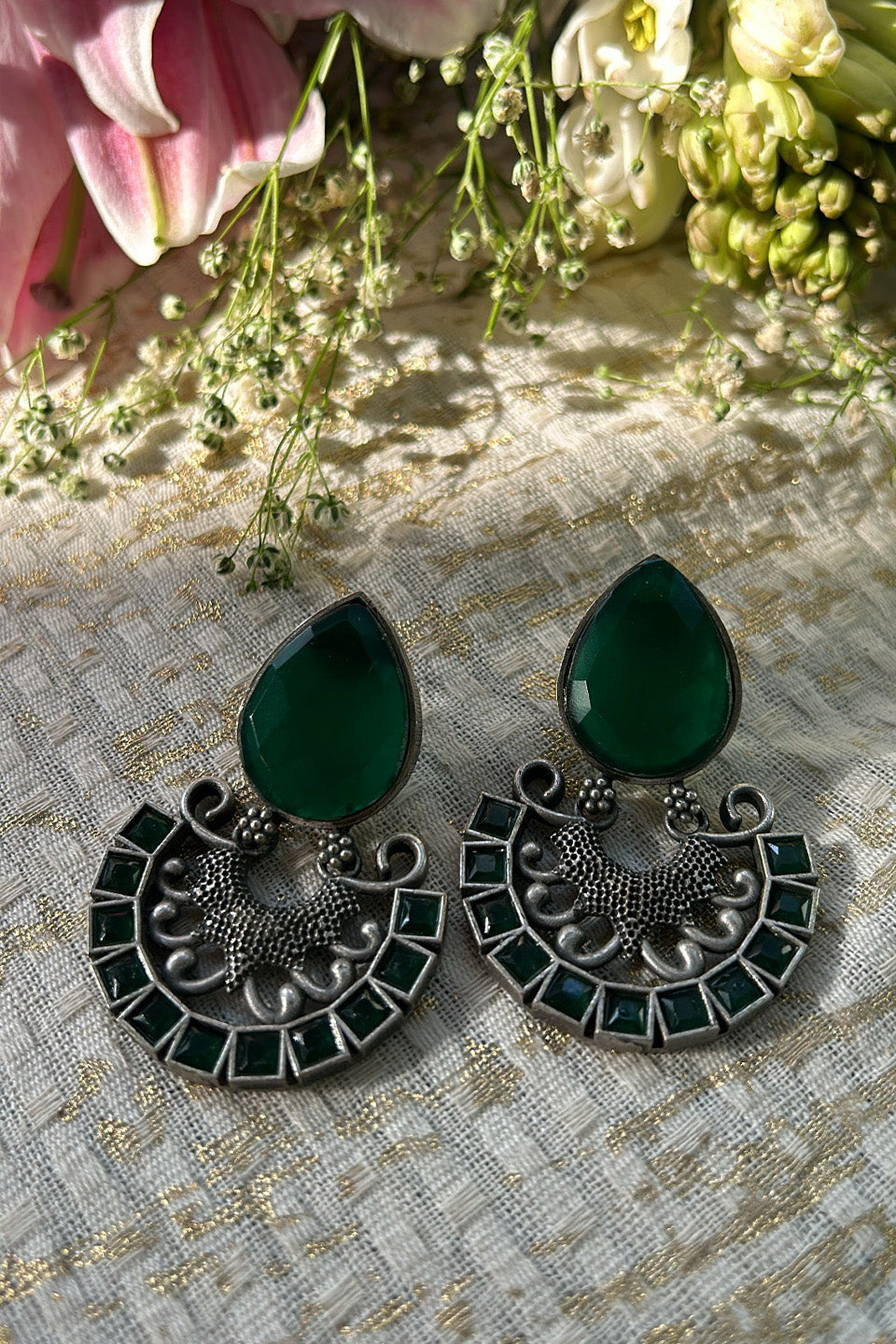 Oxidized Silver Green Stone Earrings
