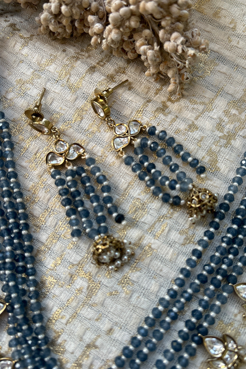 Blue Beaded Kundan Necklace Set with Earrings