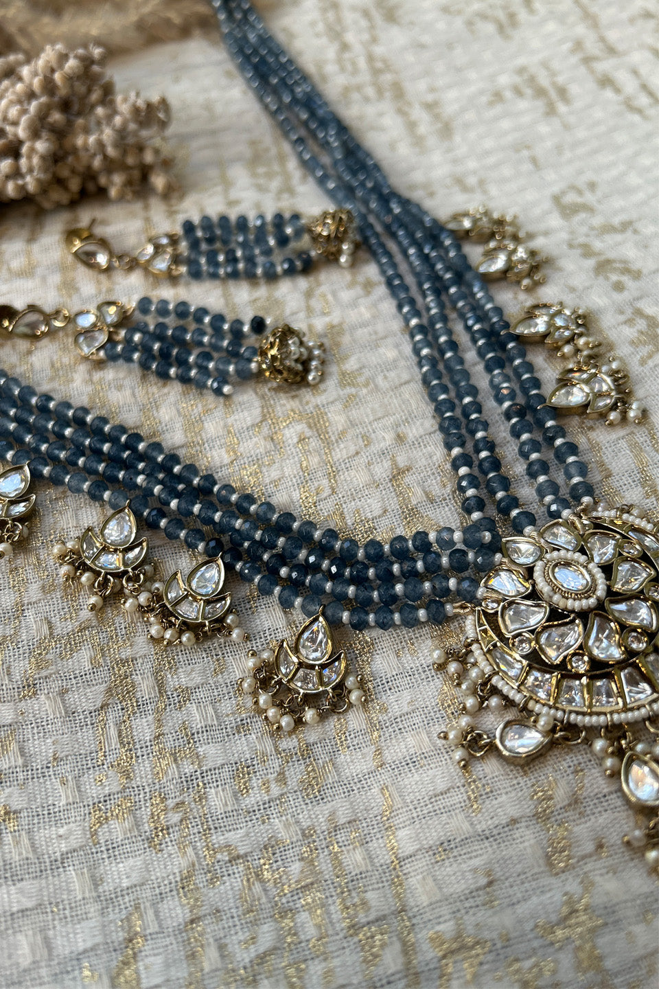 Blue Beaded Kundan Necklace Set with Earrings