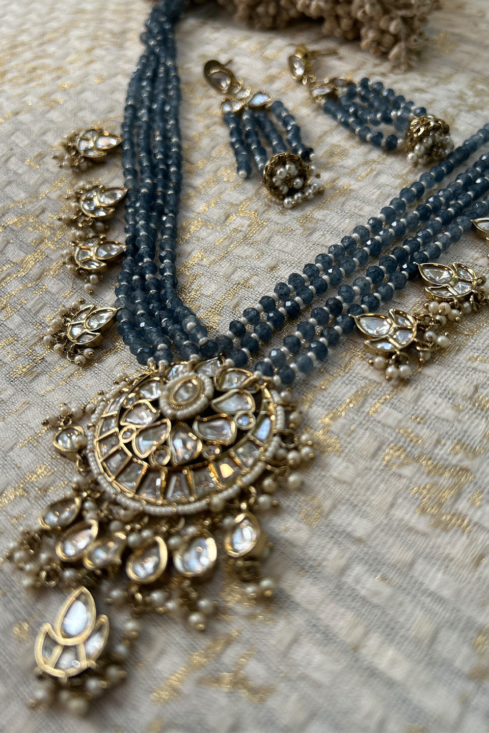 Blue Beaded Kundan Necklace Set with Earrings