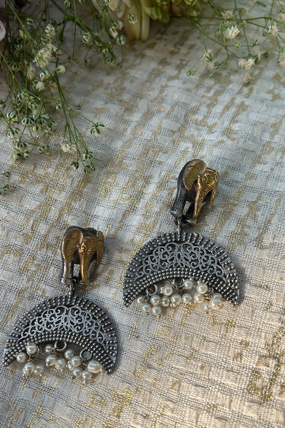 Antique Silver Elephant Motif Earrings with Pearls