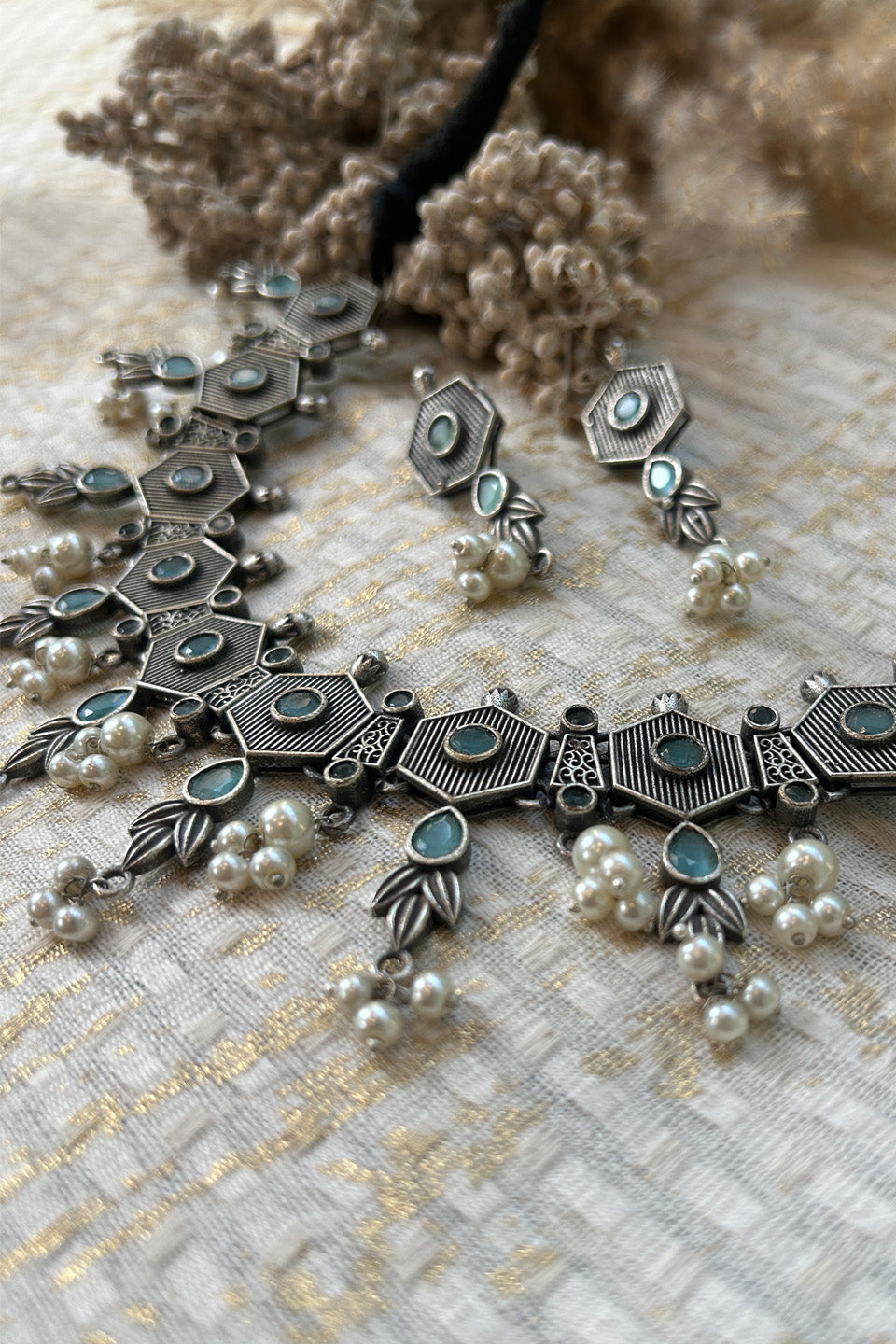 Antique Silver Hexa Choker Set with Green Stones & Pearls