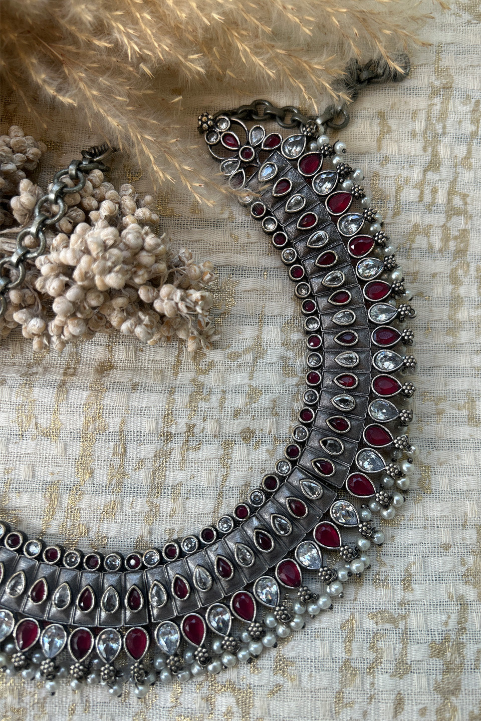 Antique Silver Red & White Stone Choker with Pearl Detailing