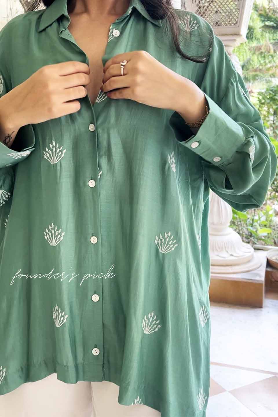 Green Muslin Embroidered Collared (Shirt only)