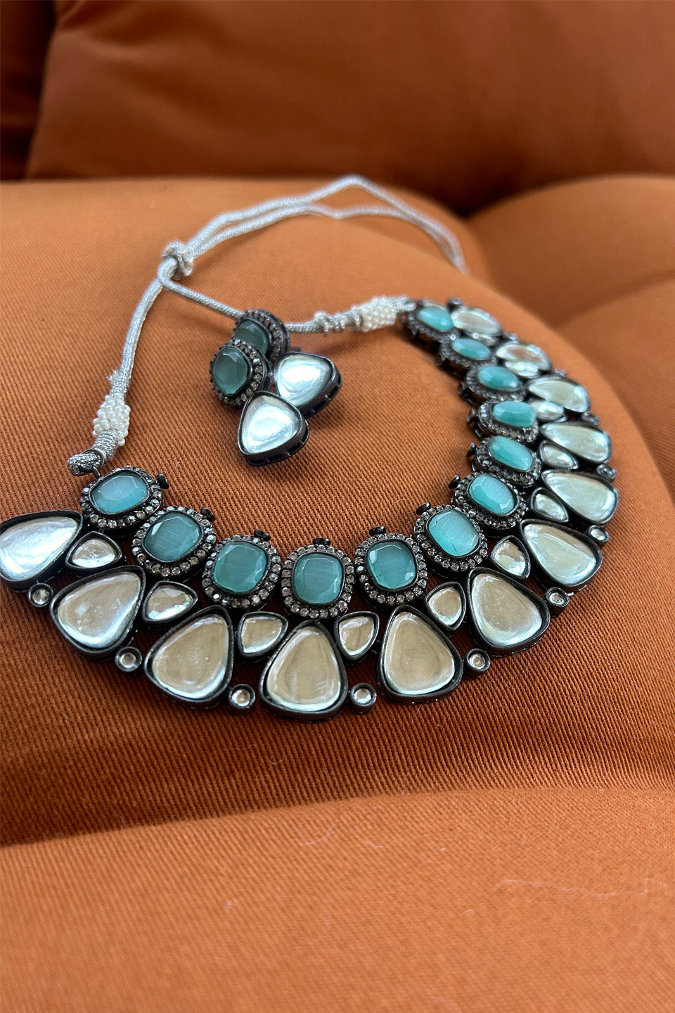 Semi-precious Polki & Teal Stone Necklace with matching earrings