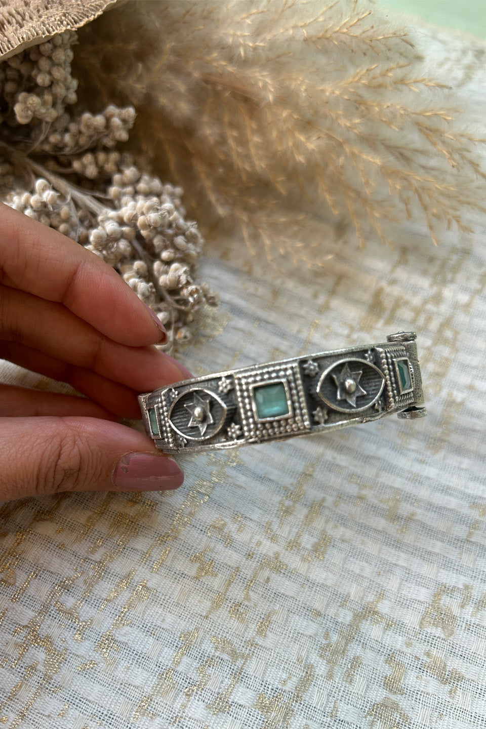 Antique Oxidised Silver Bangle with Turquoise Stone Detailing (Size 2.6)