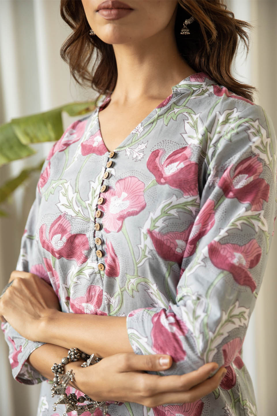 Grey and Fuchsia Floral Tunic Set (Set of Two)