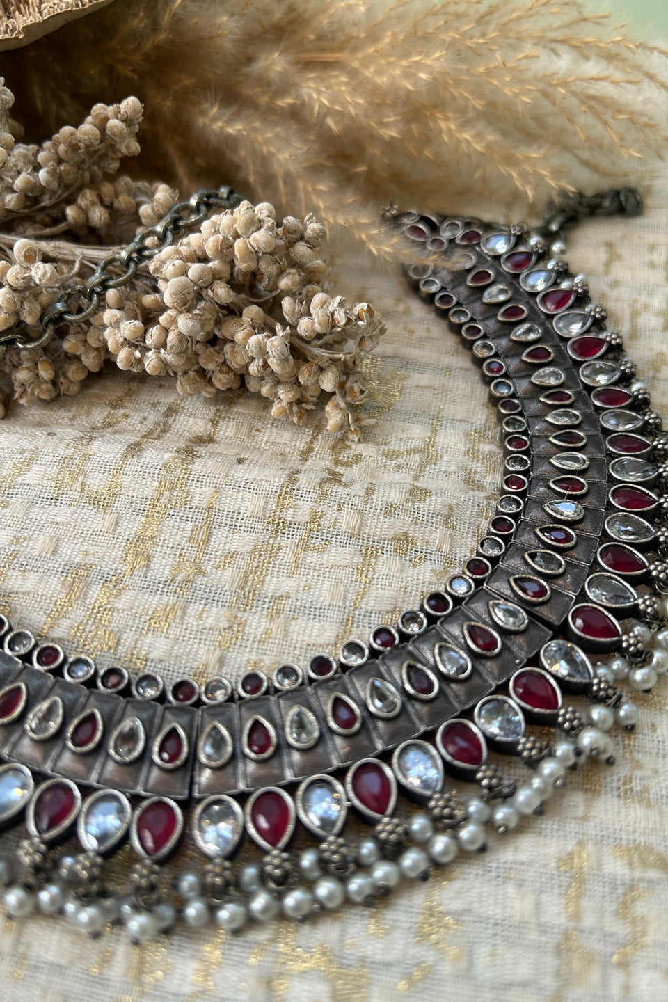 Antique Silver Red & White Stone Choker with Pearl Detailing