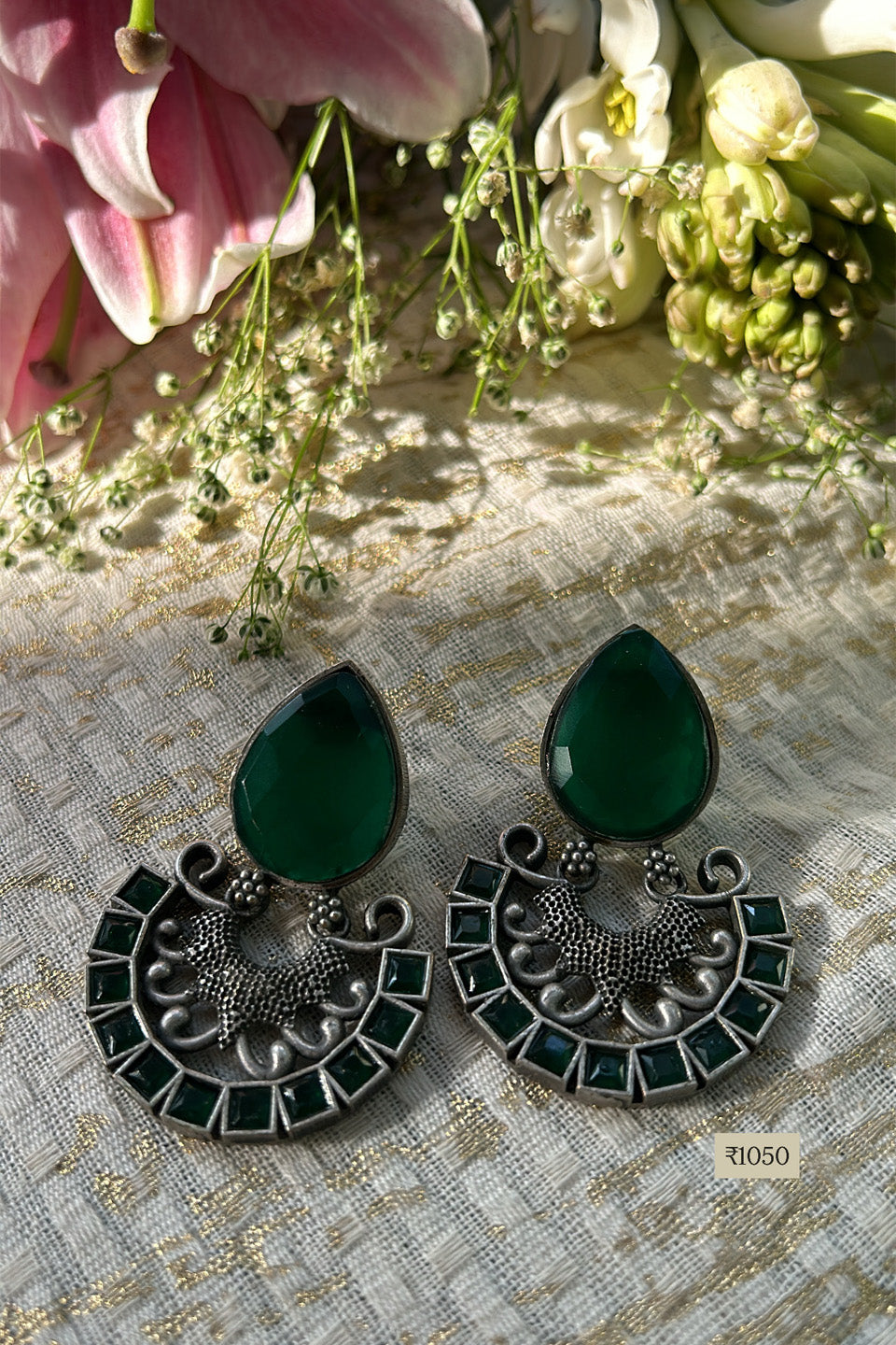 Oxidized Silver Green Stone Earrings