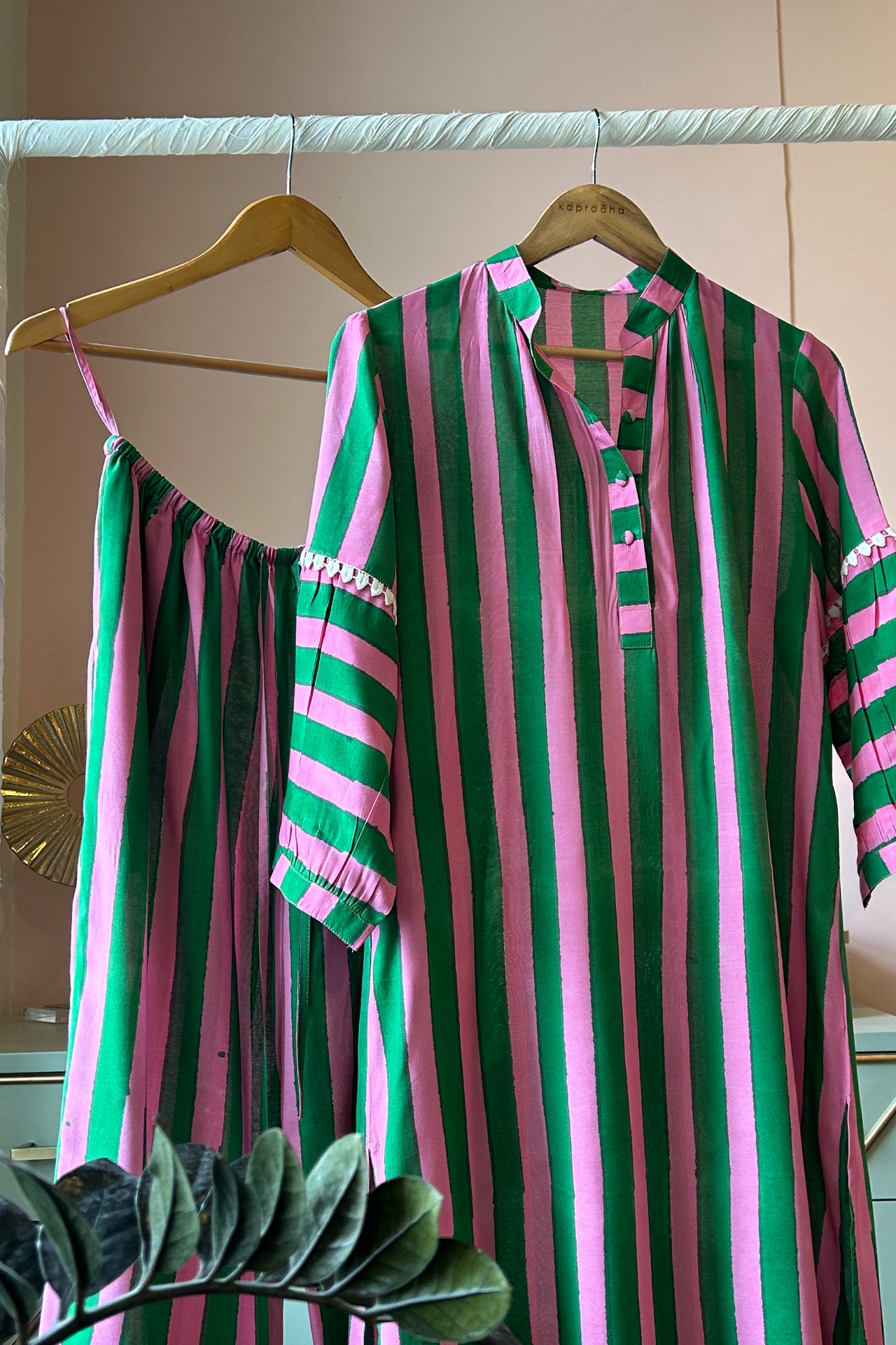 Dark Green and Fuchsia Striped Tunic Set (Set of Two)