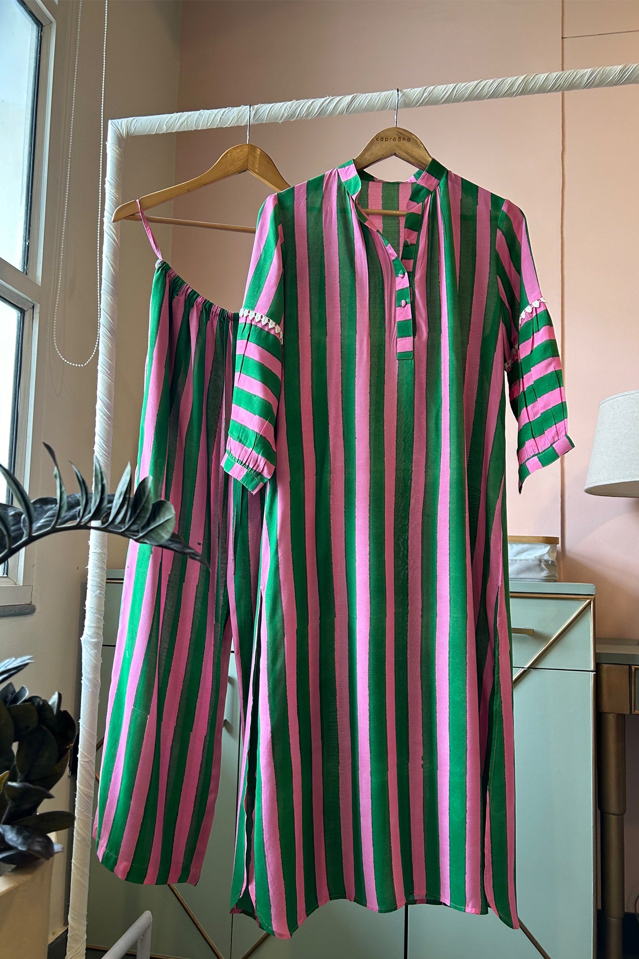 Dark Green and Fuchsia Striped Tunic Set (Set of Two)