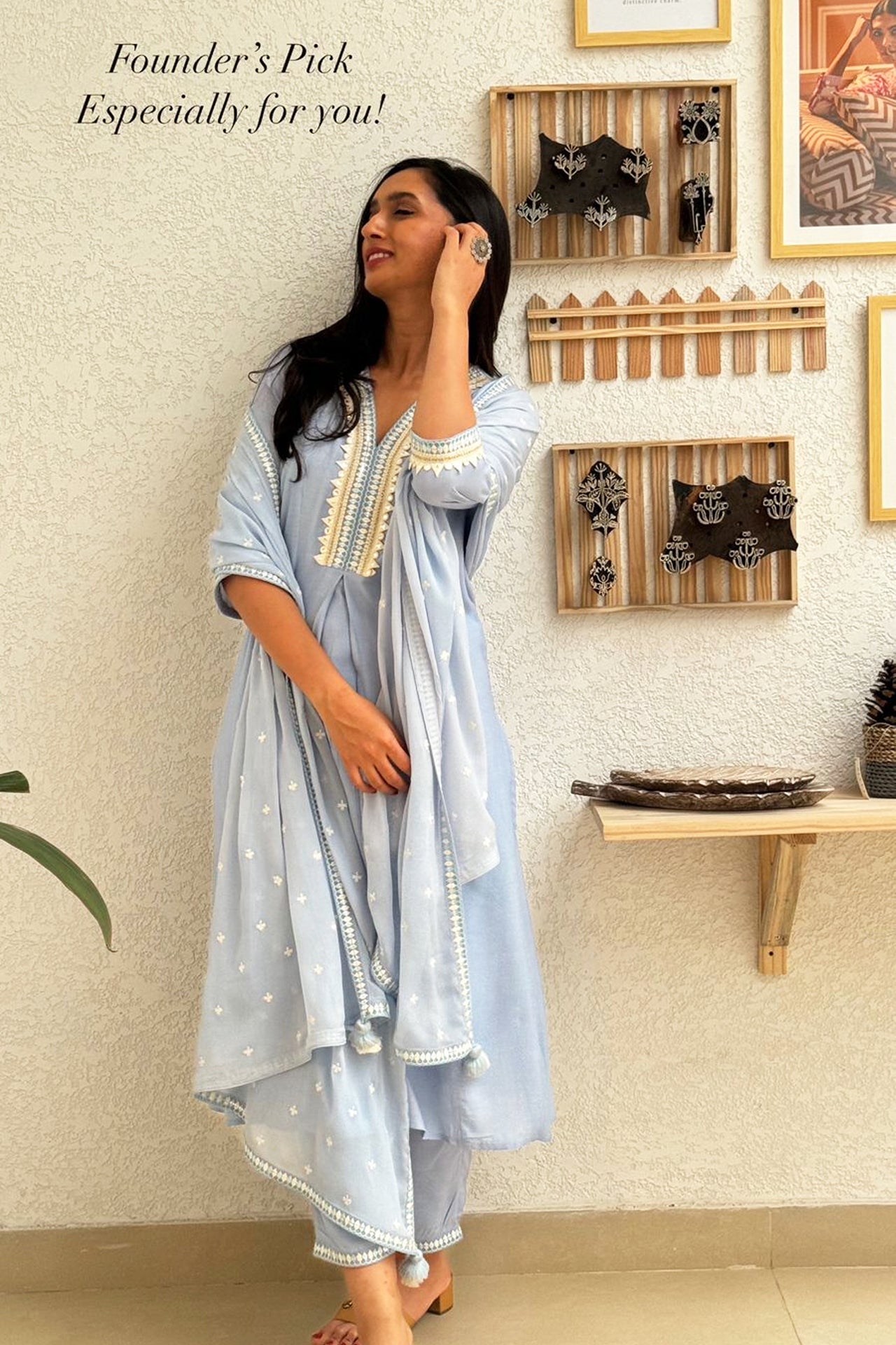 Soft Sky Blue Muslin Tunic Set with Embroidered Dupatta (Set of Three)