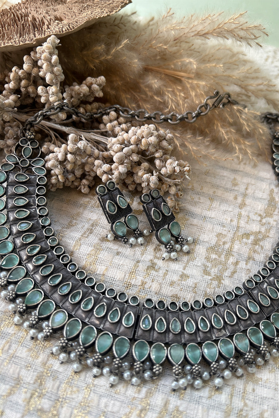 Antique Silver Green Stone Choker Set with Earrings & Pearl Drops