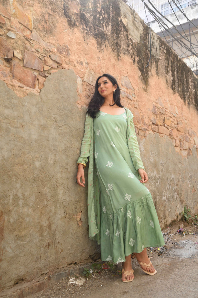 Sage Green Moroccan Maxi with Embroidered Chiffon Jacket