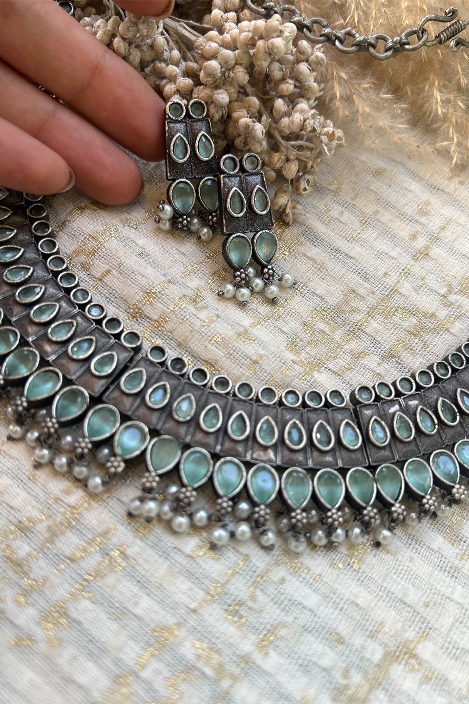 Antique Silver Green Stone Choker Set with Earrings & Pearl Drops