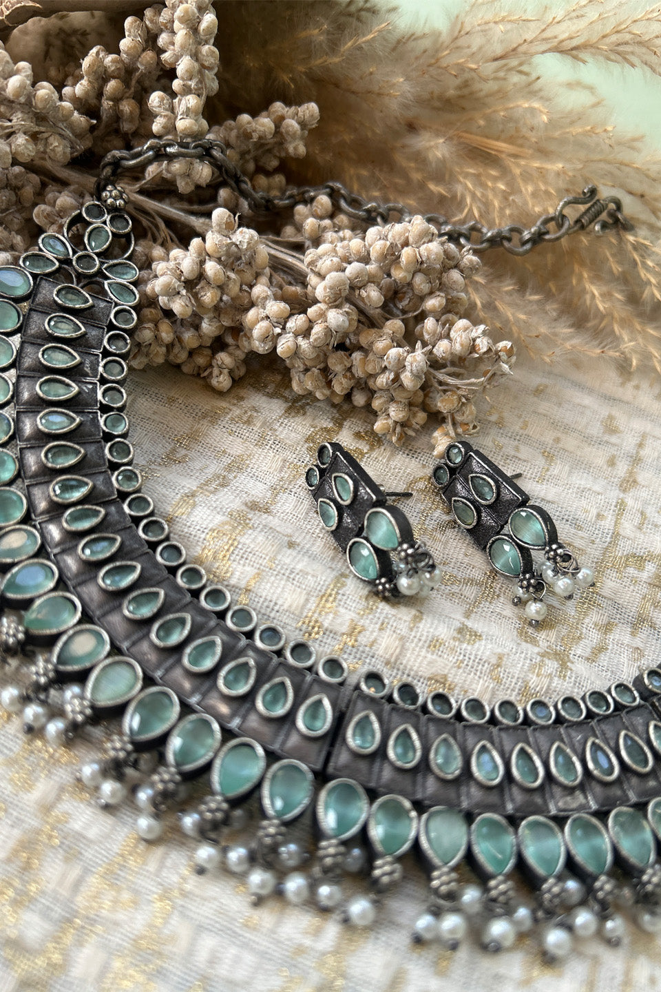 Antique Silver Green Stone Choker Set with Earrings & Pearl Drops