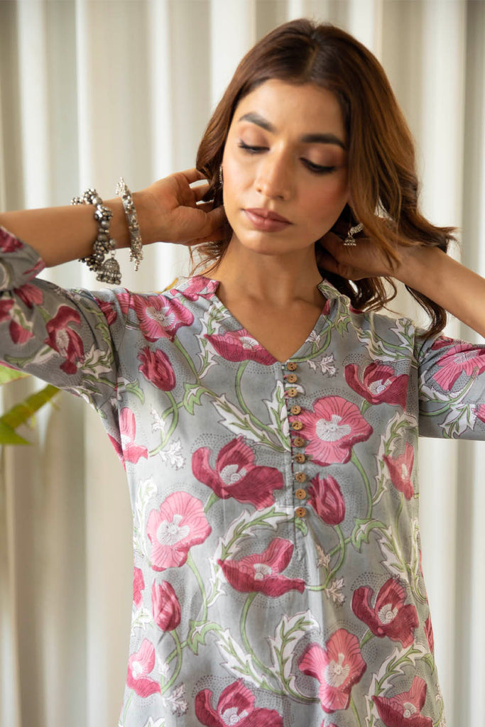 Grey and Fuchsia Floral Tunic Set (Set of Two)