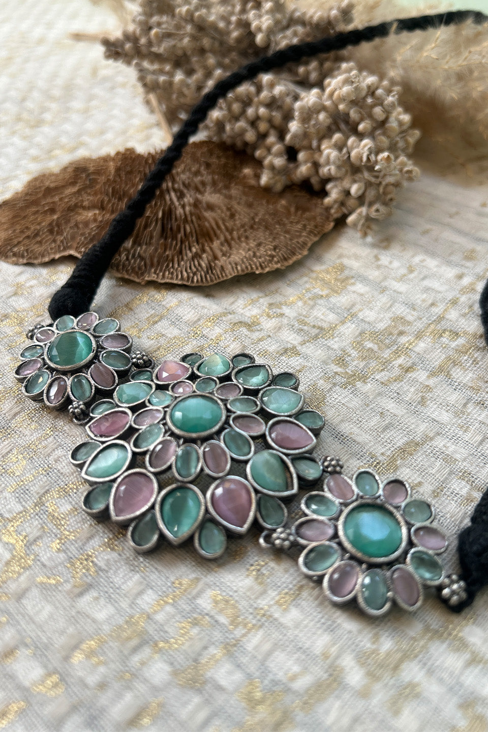 Oxidized Silver Floral Choker with Green & Pink Stones