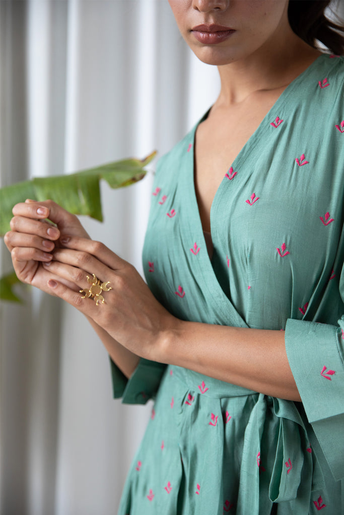 Green and Fuchsia Embroidered Wrap Top