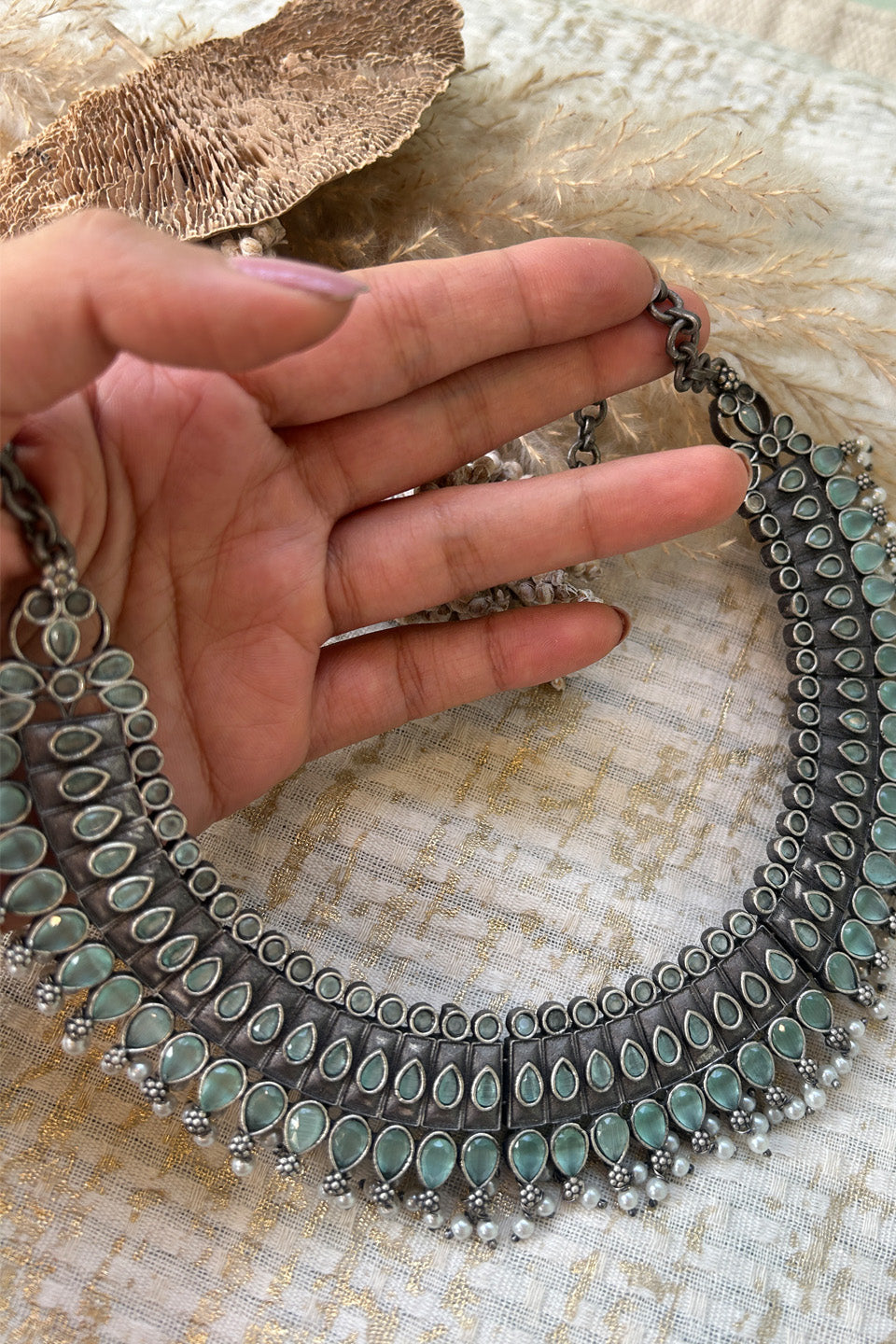 Antique Silver Green Stone Choker Set with Earrings & Pearl Drops