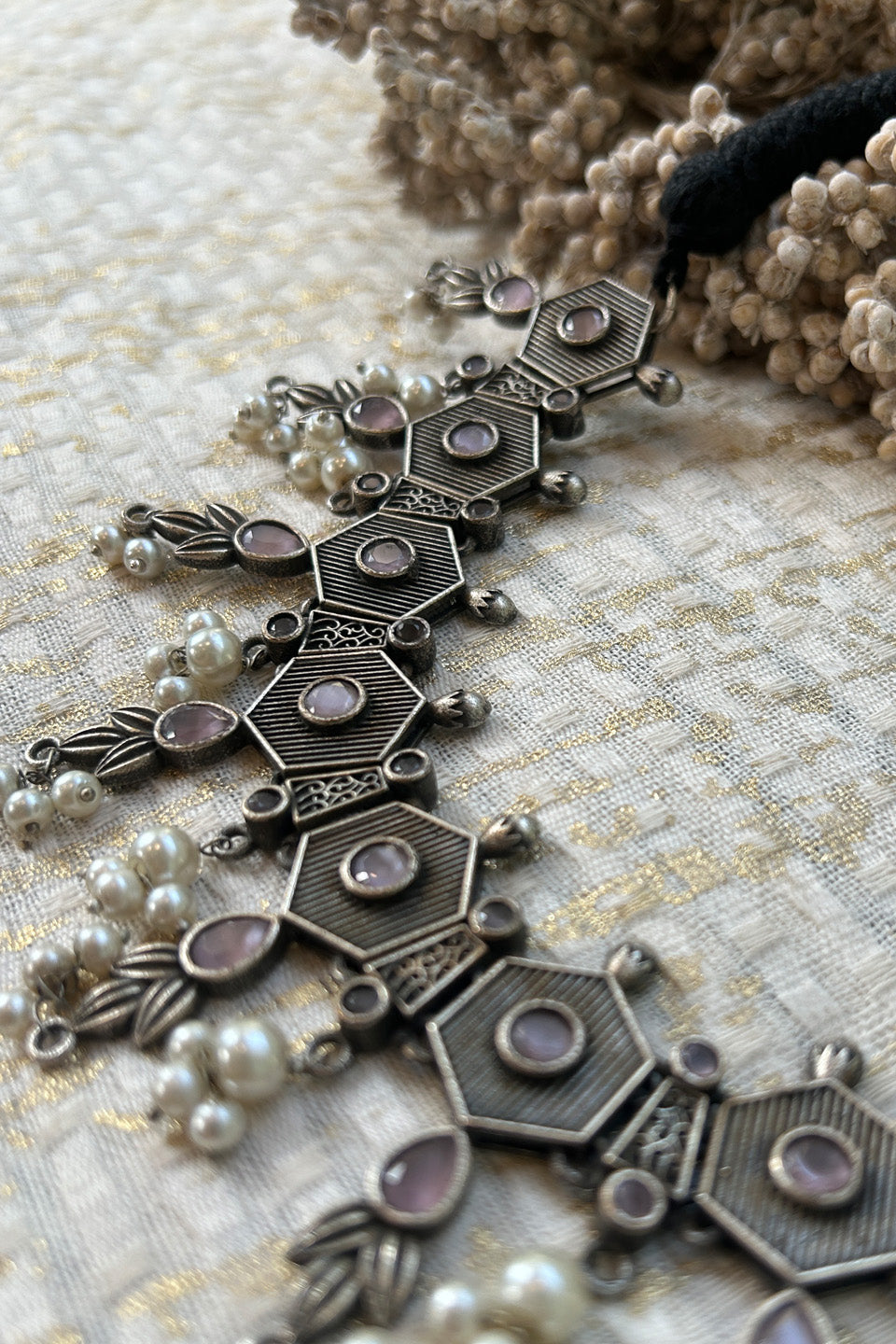 Antique Silver Purple Stone Hexa Choker with Pearl Detailing