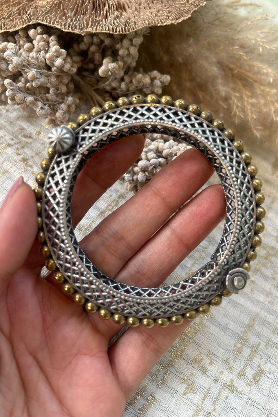 Antique Silver & Brass Beaded Oxidised Bangle (Size 2.6)