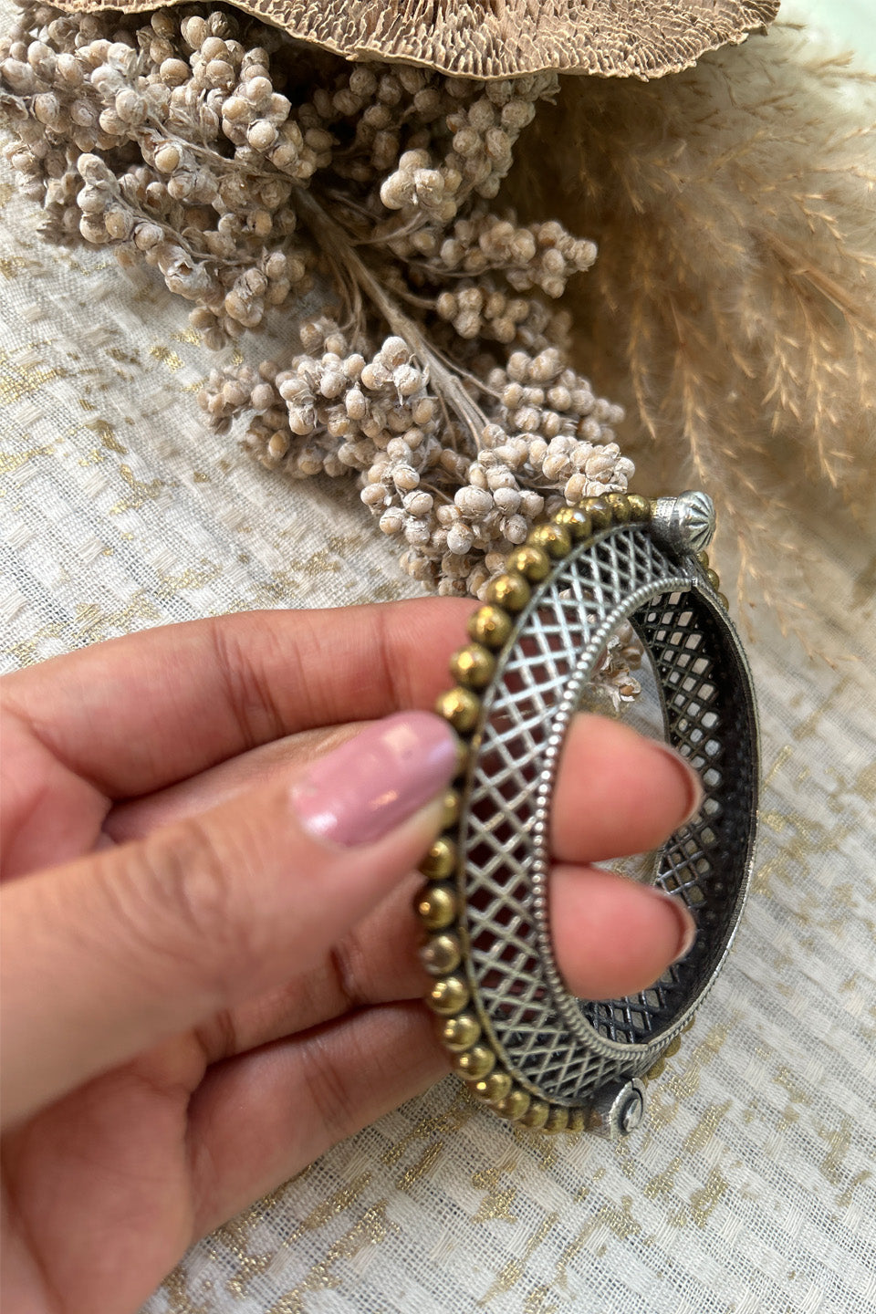 Antique Silver & Brass Beaded Oxidised Bangle (Size 2.6)