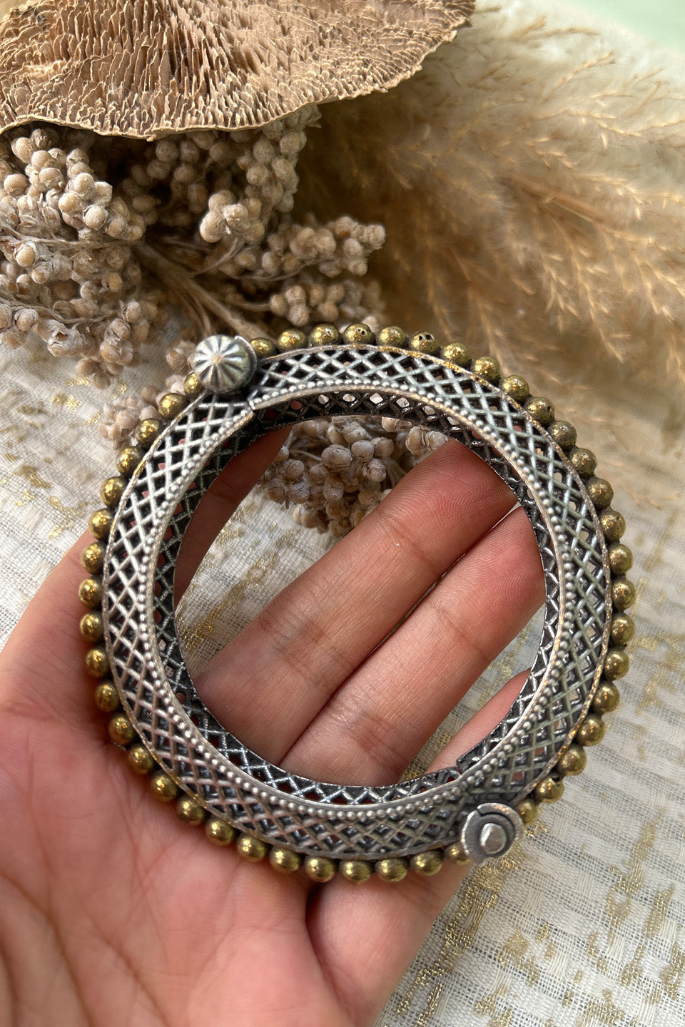 Antique Silver & Brass Beaded Oxidised Bangle (Size 2.6)