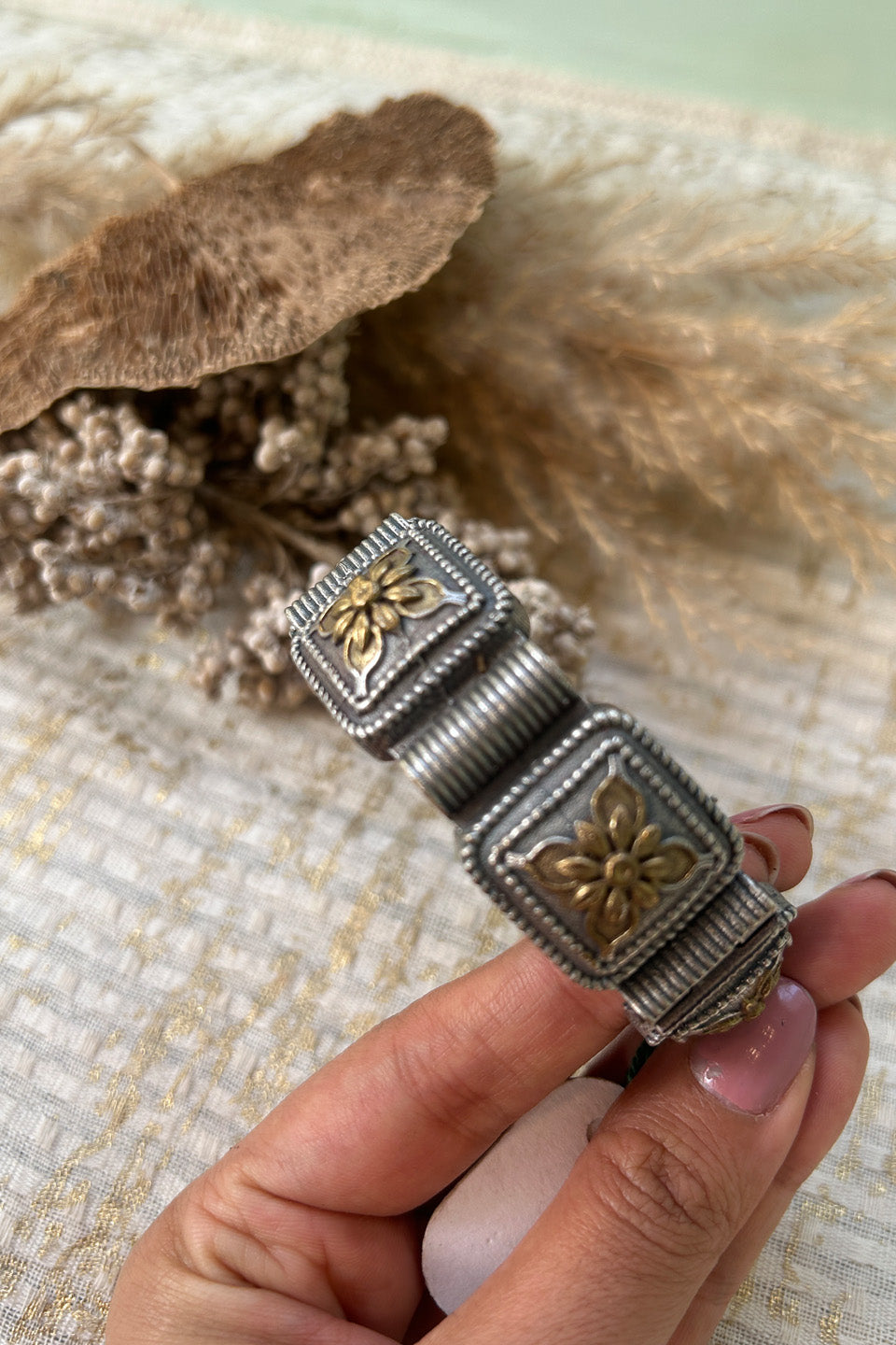 Antique Silver Floral Engraved Adjustable Bangle (Size 2.6)