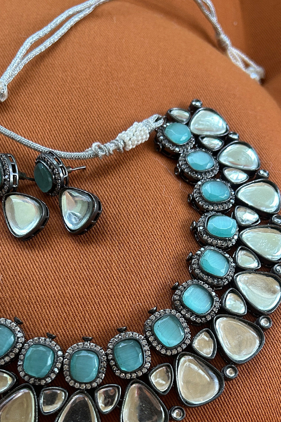 Semi-precious Polki & Teal Stone Necklace with matching earrings