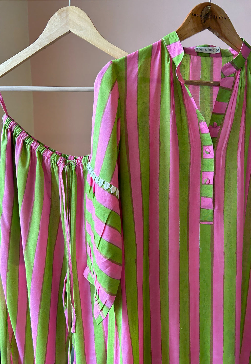 Green Pink Striped Tunic Set (Set of Two)