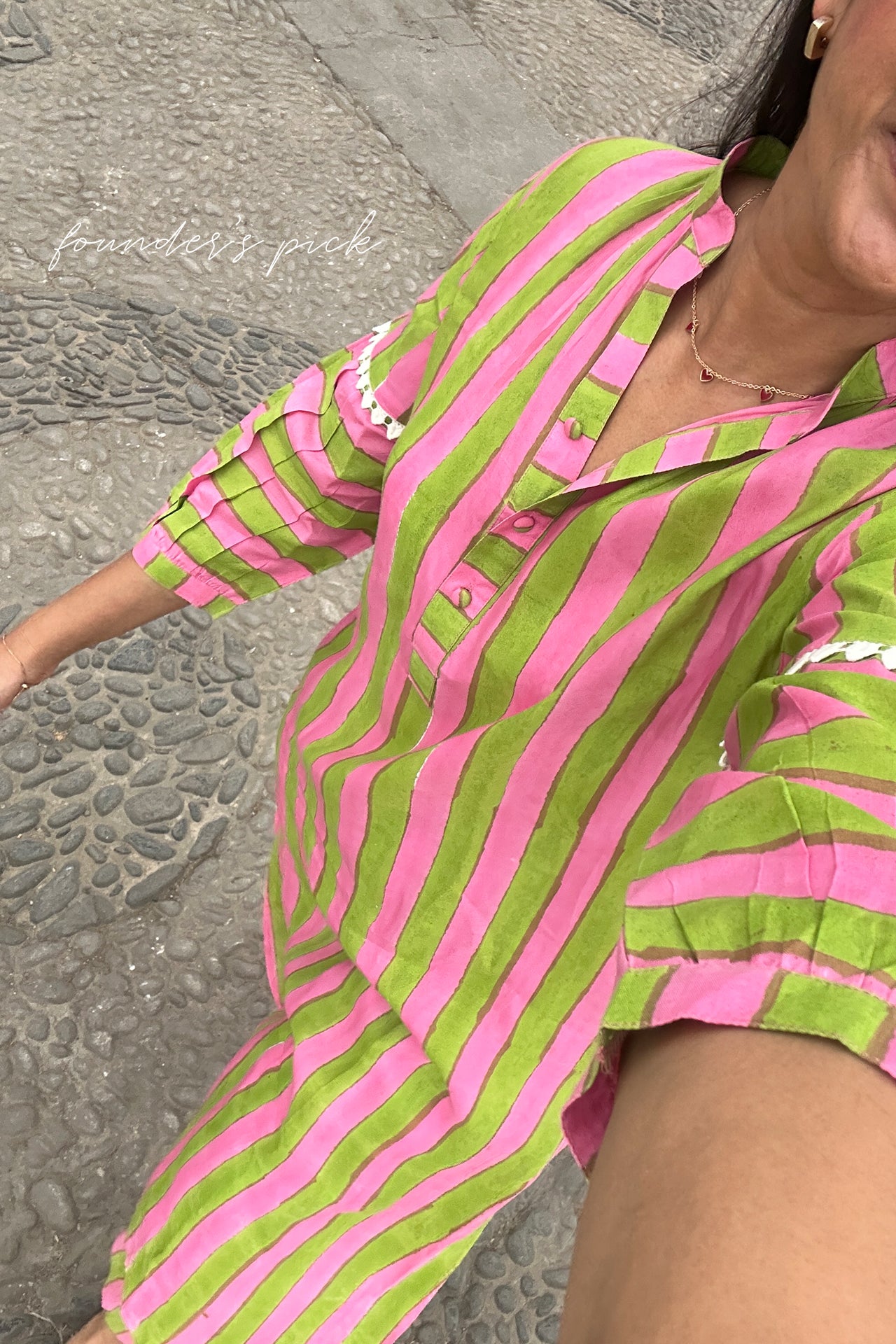 Green Pink Striped Tunic Set (Set of Two)