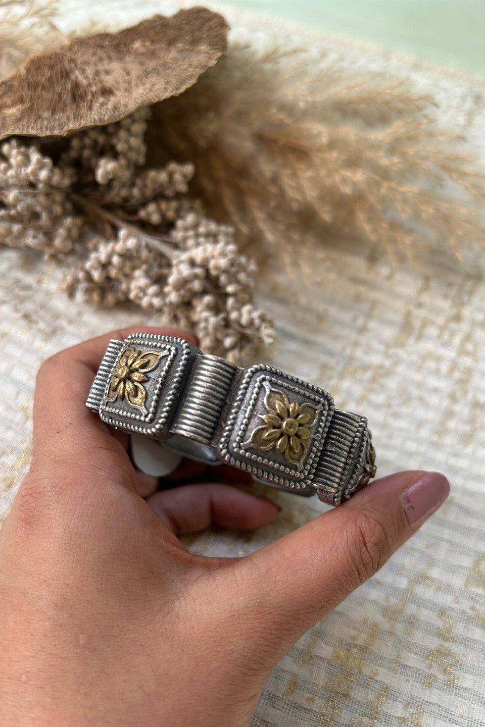 Antique Silver Floral Engraved Adjustable Bangle (Size 2.6)