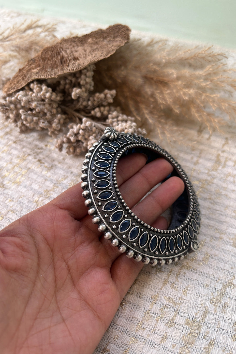Antique Silver Blue Stone Statement Bangle (Size 2.6)
